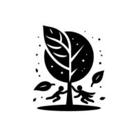 Abstract black and white illustration Two figures holding onto a trees trunklike branches beneath a large leaf and circular crown, with scattered dots. vector