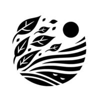 A minimalist, black and white circular featuring stylized leaves, a sun, and layered land forms within a white background, conveying natures essence. vector