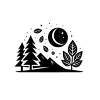 A serene night landscape in monochrome, featuring mountains, trees, a crescent moon, stars, leaves, and a delicate flower in a minimalist, illustrative style. vector