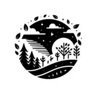 Serene Black and White Nature Scene in Circular Frame Trees, Hills, Clouds, and Stars. vector