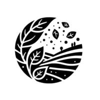 A minimalist, circular emblem depicting a stylized landscape with rolling hills, falling leaves, and a vibrant leaf cluster, rendered in bold black and white. vector