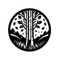 A stylized, minimalist black and white illustration of a forest scene encased within a circular frame, featuring birch trees, mountains, and grass. vector