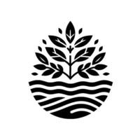 A stylized black and white illustration depicting a tree with multiple leaves emerging from wavy lines, forming a visual analogy of growth in water. vector