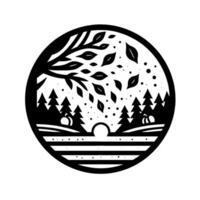 A monochromatic illustration of a serene landscape within a circular frame, showcasing a forest, a tree with falling leaves, and a small arch over a layered water feature. vector