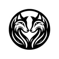 Symmetrical black and white illustration of two stylized foxes facing each other within a circle, forming a heart shape. vector