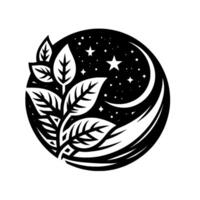 Elegant Black and White Circular Illustration Plant with Leaves Framing a Crescent Moon, Stars, and Cosmic Background. vector