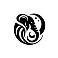 Intricate Tribal Elephant A stylized black and white illustration of an elephants head integrated with flowing, curved patterns, set against a plain white background. vector