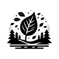 Silhouette of a Giant Leaf in a Forest Scene with Flying Leaves and dotted background, simple and minimal, black and white. vector