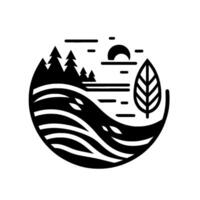 Black and White Minimalist Illustration of a Serene Lakeside Scene Featuring Trees, Leaf, Sun, and Water within a Circular Frame. vector