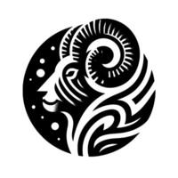 A stylized, minimalist monochrome artwork depicting a Rams head within a circle, featuring bold lines and shading reminiscent of tribal art. vector