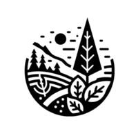 Monochrome circular nature scene featuring a stylized pine tree, forest, hills, sun, leaves, and decorative lines, evoking a minimalist, geometric style. vector