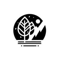 A minimalist black and white featuring a stylized landscape inside a circular frame, with leafshaped trees, mountains, and a moon. vector