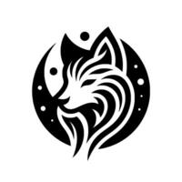 A minimalist featuring a stylized black and white fox head, with intricate swirling details and a crescent moon shape, and a dotted background. vector