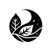 Abstract Black and White Circular Composition Featuring Stylized Leaves and Crescent Moon Shape, Symbolic of Nature. vector