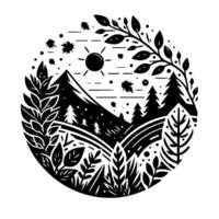 A stylized black and white circular nature scene featuring mountains, trees, foliage, sun, and falling leaves, symbolizing autumn. vector