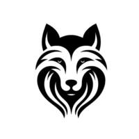 A stylized, symmetrical wolf head illustration, rendered in black and white, showcasing a minimalist and modern with dynamic lines and shapes on a plain white background. vector