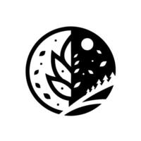 A symmetrical black and white circular depicting a stylized tree, flora and moonlit landscape, symbolizing balance. vector
