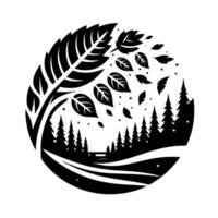 A stylized black and white nature scene within a circle a large leafy tree, falling leaves, a forest of pines, and a winding road. vector