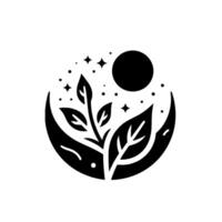 Black and White Minimalist Illustration Plant Sprouting from Crescent Moon with Celestial Elements. vector