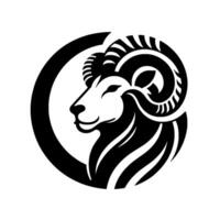 Bold Black and White Illustration of a Rams Head Within a Circle, Representing Zodiac Sign Aries, with a Modern, Simplified . vector