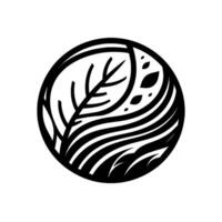 Abstract monochrome nature illustration inside a circle featuring a tree branch, leaves, and flowing lines, suggestive of growth. vector
