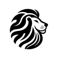 Monochromatic, stylized lion head silhouette in profile, featuring curved, bold stripes, set against a bright white background. vector