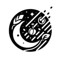 Celestial Harvest A monochrome circular illustration featuring a crescent moon, apple, and stylized celestial elements, evoking tranquility. vector