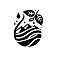 Monochromatic artistic of a mountain landscape contained within an oval, featuring raindrops, leaves, and flowing water lines, representing natures harmony. vector