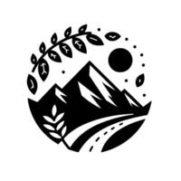 Black and white minimalist Mountains, road, sun, leaves, dots, and botanical elements enclosed within a circular frame, conveying nature. vector