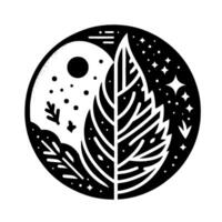 YinYang Style Circular Composition Leaf as a Boundary with Nature Elements, Black and White Contrast, Day and Night. vector