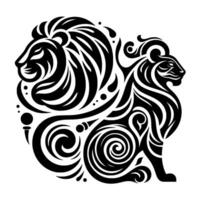 Symmetrical Black and White Tribal Lion with Ornamental Spirals, Dots, and Flowing Lines for a Bold and Artistic Statement. vector