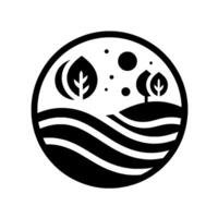 Stylized black and white nature emblem featuring trees, hills, wavy lines, and celestial elements within a circular frame, evoking serenity. vector