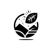 Abstract Black and White Nature Mountain Scene, Leaf, Sunburst, Contained in a Circle on a White Background. vector