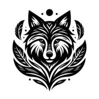 Monochromatic Wolf Portrait Surrounded by Feathers and Symbolic Elements in TribalInspired Art. vector