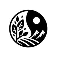 Yin Yang symbol featuring a stylized tree with leaves, landscape of fields, sun, and mountains, rendered in black and white. vector