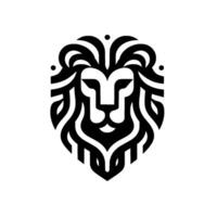 A minimalist, symmetrical of a lions head rendered in bold black and white, featuring geometric shapes and flowing lines, evoking strength. vector