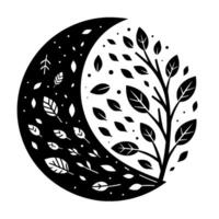Yin and Yang Moon Crescent, Merged with a Branch, Illustrating Natures Balance in Black and White Style vector