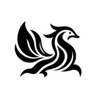 Stylized Black and White Bird A sleek, minimalist of a bird with flowing lines and a large, feathery tail against a clean white background. vector