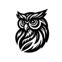 A stylized black and white illustration of an owl, rendered with bold lines and geometric shapes, creating a striking and modern . The owl is presented centrally against a gradient white backgr vector