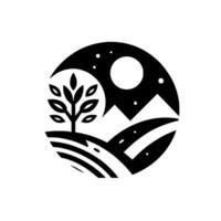 Stylized Monochrome Landscape A crescent moon, a tree, rolling hills, mountains, and a starry night all encapsulated within a perfect circle. vector