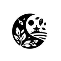 Yin Yang symbol with a black and white composition featuring a pagoda, moon, foliage, and leaves, evoking balance and serenity, isolated on white. vector