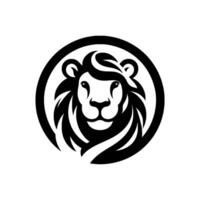 A stylized, symmetrical lion head illustration, rendered in bold black and white, enclosed within a minimalist circular frame, exuding strength. vector