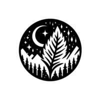 A stylized night landscape within a circle, featuring a crescent moon, stars, mountains, and a central leafy form representing natures tranquility. vector