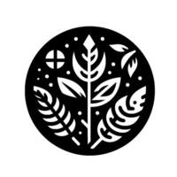 Intricate Black and White Botanical Emblem A stylized circle featuring symmetrical plantlike designs, dots, and geometric elements, evoking balance and nature. vector