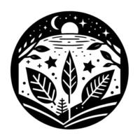 Intricate circular black and white nature scene leaves, stars, moon, trees, and serene landscape in minimalist style. vector