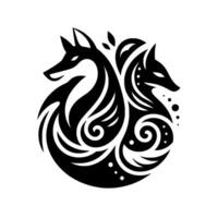 Intricate YinYang Composition of Two Stylized Foxes, Adorned with Swirls, Dots, and Minimalist Foliage, Creating a Harmonious Black and White . vector