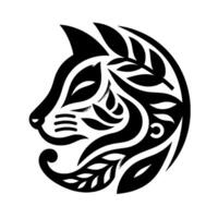 A minimalist, stylized black and white illustration of a cats profile, integrating floral elements into its form, creating a balanced, circular . vector