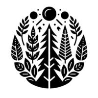 A symmetrical black and white botanical illustration within a circle, showcasing stylized trees, leaves, and celestial elements, conveying a sense of natural harmony. vector