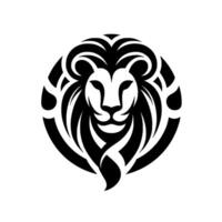 Striking Black and White Lion Head A symmetrical, stylized representation of a lions face and mane enclosed within a circular , conveying strength and elegance. vector