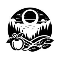 Serene monochrome apple illustration featuring a mountain landscape, moonlit sky, and stylized foliage, enclosed within a circular frame. vector